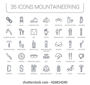 Set vector line icons with open path mountaineering and hiking with elements for mobile concepts and web apps. Collection modern infographic logo and pictogram.