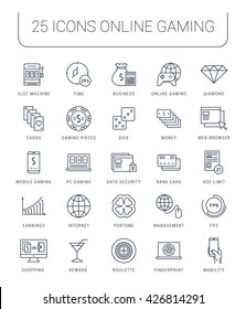 Set vector line icons with open path online gaming, casino, slot machine and slots, mobile gaming with elements for mobile concepts and web apps. Collection modern infographic logo and pictogram