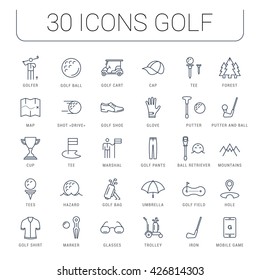 Set vector line icons with open path game golf and golf equipments with elements for mobile concepts and web apps. Collection modern infographic logo and pictogram.