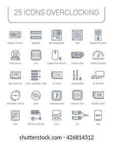 Set vector line icons with open path upgrading computer and hardware, overclocking, cooling, test cpu and gpu with elements for mobile concepts and web apps. Collection modern infographic logo