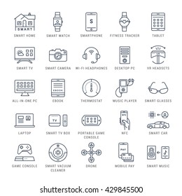 Set vector line icons with open path smart device and gadgets, smart, home, car drones and other device with elements for mobile concepts and web apps. Collection modern infographic logo and pictogram