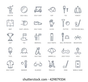 Set vector line icons with open path game golf and golf equipments with elements for mobile concepts and web apps. Collection modern infographic logo and pictogram.