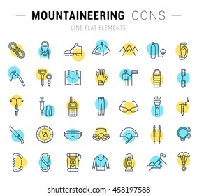 Set vector line icons with open path mountaineering and hiking with elements for mobile concepts and web apps. Collection modern infographic logo and pictogram.