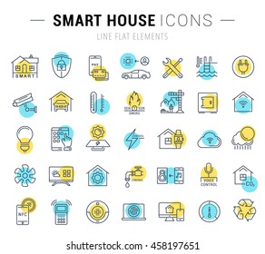 Set vector line icons with open path smart home, smart systems and technology with elements for mobile concepts and web apps. Collection modern infographic logo and pictogram.