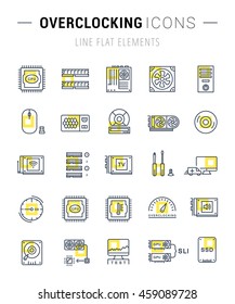 Set vector line icons with open path upgrading computer and hardware, overclocking, cooling, test cpu and gpu with elements for mobile concepts and web apps. Collection modern infographic pictograms