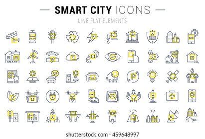 Set vector line icons with open path smart sity and technology with elements for mobile concepts and web apps. Collection modern infographic logo and pictogram.