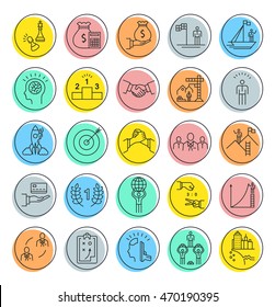 Set vector line icons with open path business competition, leadership development, people management with elements for mobile concepts and web apps. Collection modern infographic logo.