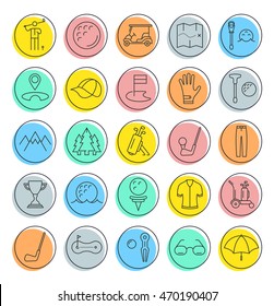 Set vector line icons with open path game golf and golf equipments with elements for mobile concepts and web apps. Collection modern infographic logo and pictogram.