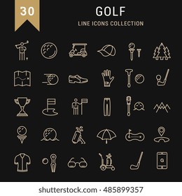 Set vector line icons with open path game golf and golf equipments with elements for mobile concepts and web apps. Collection modern infographic logo and pictogram.