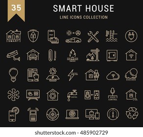 Establezca iconos de línea vectorial con el hogar inteligente de ruta abierta, sistemas inteligentes y tecnología con elementos para conceptos móviles y aplicaciones web. Colección moderna de logotipo y pictograma infográfico.