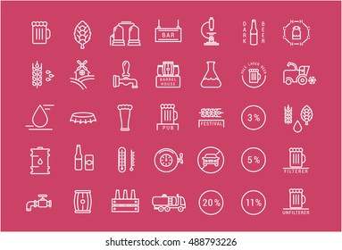 Set vector line icons with open path beer, bottle, glass, mug and pub logo with elements for mobile concepts and web apps. Collection modern infographic logo and pictogram.