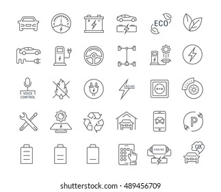 Set vector line icons with open path electric cars and eco transport with elements for mobile concepts and web apps. Collection modern infographic logo and pictogram