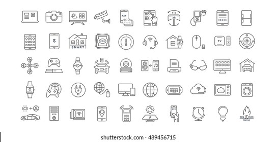 Set vector line icons with open path internet of things and smart gadgets with elements for mobile concepts and web apps. Collection modern infographic logo and pictogram