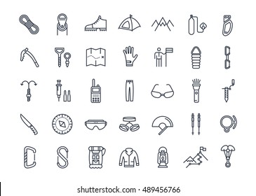 Set vector line icons with open path mountaineering and hiking with elements for mobile concepts and web apps. Collection modern infographic logo and pictogram.