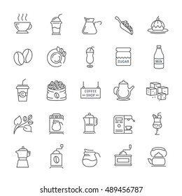 Set vector line icons with open path coffee and coffee shop with elements for mobile concepts and web apps. Collection modern infographic logo and pictogram
