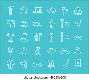 Set vector line icons with open path game golf and golf equipments with elements for mobile concepts and web apps. Collection modern infographic logo and pictogram.