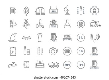 Set vector line icons with open path beer, bottle, glass, mug and pub logo with elements for mobile concepts and web apps. Collection modern infographic logo and pictogram.