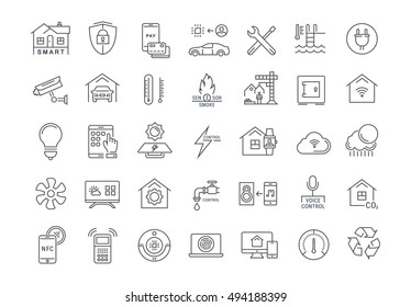 Set vector line icons with open path smart home,systems and technology with elements for mobile concepts and web apps. Collection modern infographic logo and pictogram.