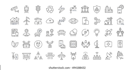 Set vector line icons with open path smart sity and technology with elements for mobile concepts and web apps. Collection modern infographic logo and pictogram.