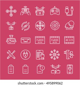 Set vector line icons with open path drones and flying gadgets with elements for mobile concepts and web apps. Collection modern infographic logo and pictogram