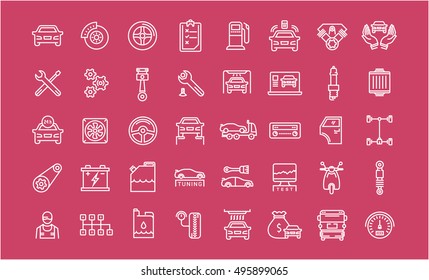 Set vector line icons with open path car service, auto repair and transport with elements for mobile concepts and web apps. Collection modern infographic logo and pictogram.