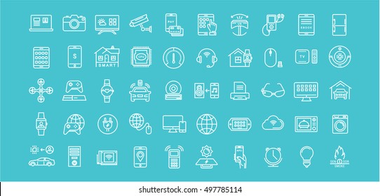 Set vector line icons with open path internet of things and smart gadgets with elements for mobile concepts and web apps. Collection modern infographic logo and pictogram