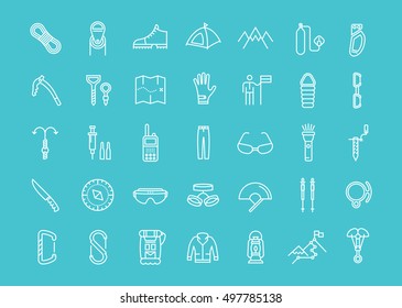 Set vector line icons with open path mountaineering and hiking with elements for mobile concepts and web apps. Collection modern infographic logo and pictogram.