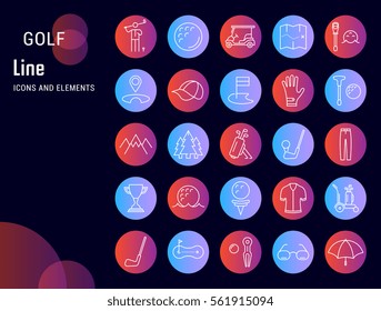 Set vector line icons with open path game golf and golf equipments with elements for mobile concepts and web apps. Collection modern infographic logo and pictogram.
