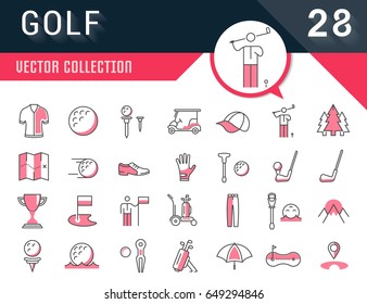 Set vector line icons with open path game golf and golf equipments with elements for mobile concepts and web apps. Collection modern infographic logo and pictogram.