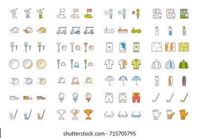 Set vector line icons with open path game golf and golf equipments with elements for mobile concepts and web apps. Collection modern infographic logo and pictogram.