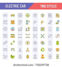Set vector line icons with open path electric cars and eco transport with elements for mobile concepts and web apps. Collection modern infographic logo and pictogram