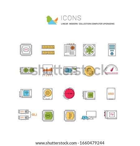 Set vector line icons with open path upgrading computer and hardware, overclocking, cooling, test cpu and gpu with elements for mobile concepts and web apps. Collection modern infographic logo