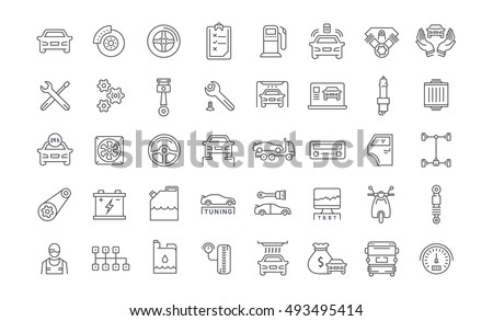 Set vector line icons with open path car service, auto repair and transport with elements for mobile concepts and web apps. Collection modern infographic logo and pictogram.