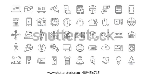 Set vector line\
icons with open path internet of things and smart gadgets with\
elements for mobile concepts and web apps. Collection modern\
infographic logo and\
pictogram