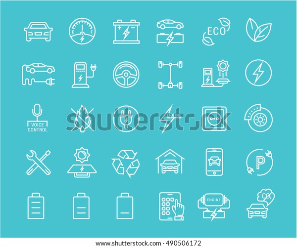 Set vector line icons with\
open path electric cars and eco transport with elements for mobile\
concepts and web apps. Collection modern infographic logo and\
pictogram
