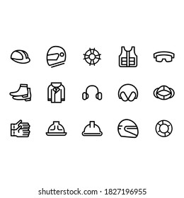 Set of vector line icons of personal protective equipment for modern concepts, web and apps.
