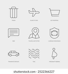 Set of Vector Line Icons for Pregnant Woman, Trash, Plane Flying and more. Editable collection of 9 Airline Outline Icons.