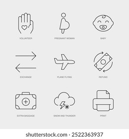 Set of Vector Line Icons for Print, Volunteer, Pregnant Woman and more. Editable collection of 9 Airline Outline Icons.