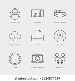 Set of Vector Line Icons for Print, 24 Hours, Clock and more. Editable collection of 9 Airline Outline Icons.