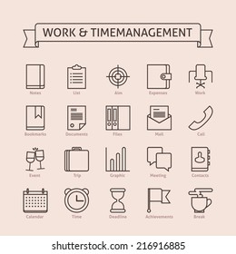 Set of vector line icons for productivity, personal development, timing, time management, work schedule, planning working day, events, trips, expenses, reaching goals isolated on light background 