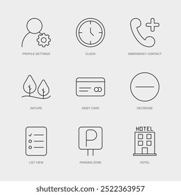 Set of Vector Line Icons for Profile Settings, Clock, Emergency Contact and more. Editable collection of 9 Airline Outline Icons.