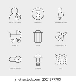 Set of Vector Line Icons for Profile Settings, Currency, Pregnant Woman and more. Editable collection of 9 Airline Outline Icons.