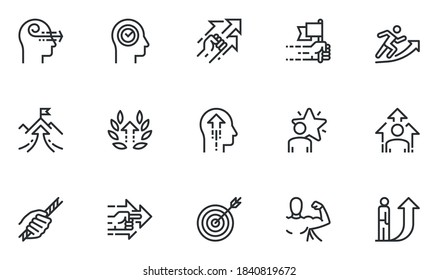 Set of Vector Line Icons Related to Persistence, Determination, Purposefulness, Assertiveness, Striving for Development. Editable Stroke. Pixel Perfect.