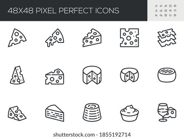 Set of Vector Line Icons Related to Cheese. Parmesan, Mozzarella, Dutch, Ricotta, Blue Chees, Cream Cheese. Editable Stroke. 48x48 Pixel Perfect.