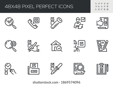 Conjunto de iconos de línea de vectores relacionados con la experiencia. Inspección, Examen, Análisis, Pruebas. Stroke editable. 48x48 Pixel Perfecto.