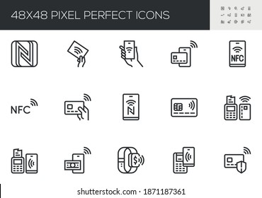Set of Vector Line Icons Related to NFC. Payment by Smartphone via Pin Pad. NFC Communication, Online Payment, Wireless Payment. Editable Stroke. 48x48 Pixel Perfect. svg