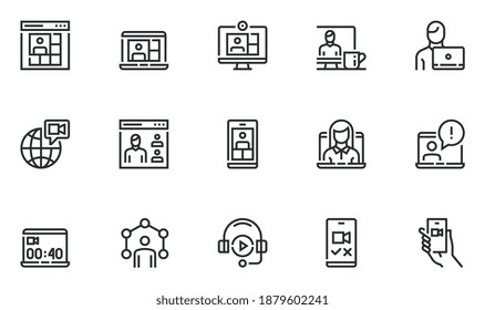 Set of Vector Line Icons Related to Online Meeting and Video Conference. Work from Home. Webcam Group Conference with Coworkers. Online Group Videoconference. Editable Stroke. Pixel Perfect.