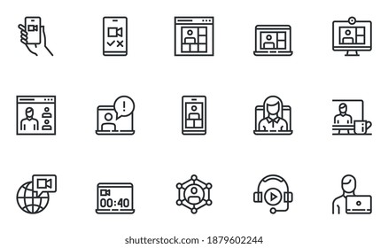 Set of Vector Line Icons Related to Online Meeting and Video Conference. Work from Home. Webcam Group Conference with Coworkers. Online Group Videoconference. Editable Stroke. Pixel Perfect.