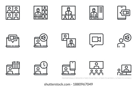 Set of Vector Line Icons Related to Online Meeting and Video Conference. Work from Home. Webcam Group Conference with Coworkers. Online Group Videoconference. Editable Stroke. Pixel Perfect.