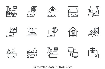 Set of Vector Line Icons Related to Work from Home. Freelancer with Laptop Sitting on the Couch. Editable Stroke. Pixel Perfect.